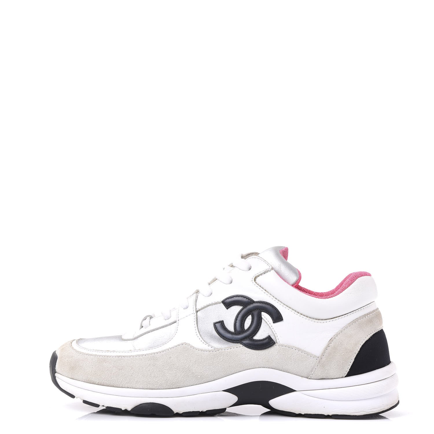 Chanel Suede Calfskin CC Sneakers 38 White Silver Fluo Pink 1 of 10