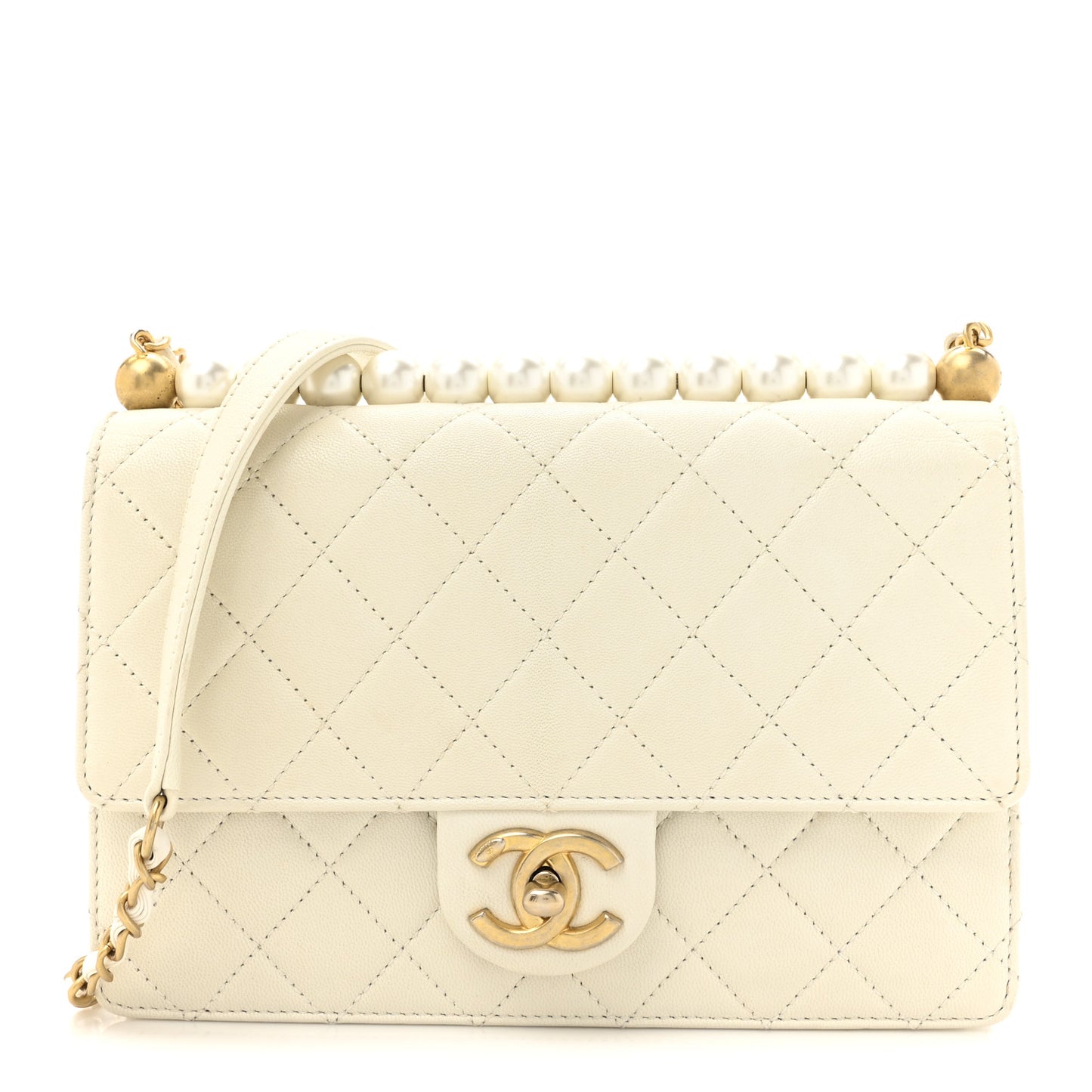 Lambskin Quilted Small Chic Pearls Flap White