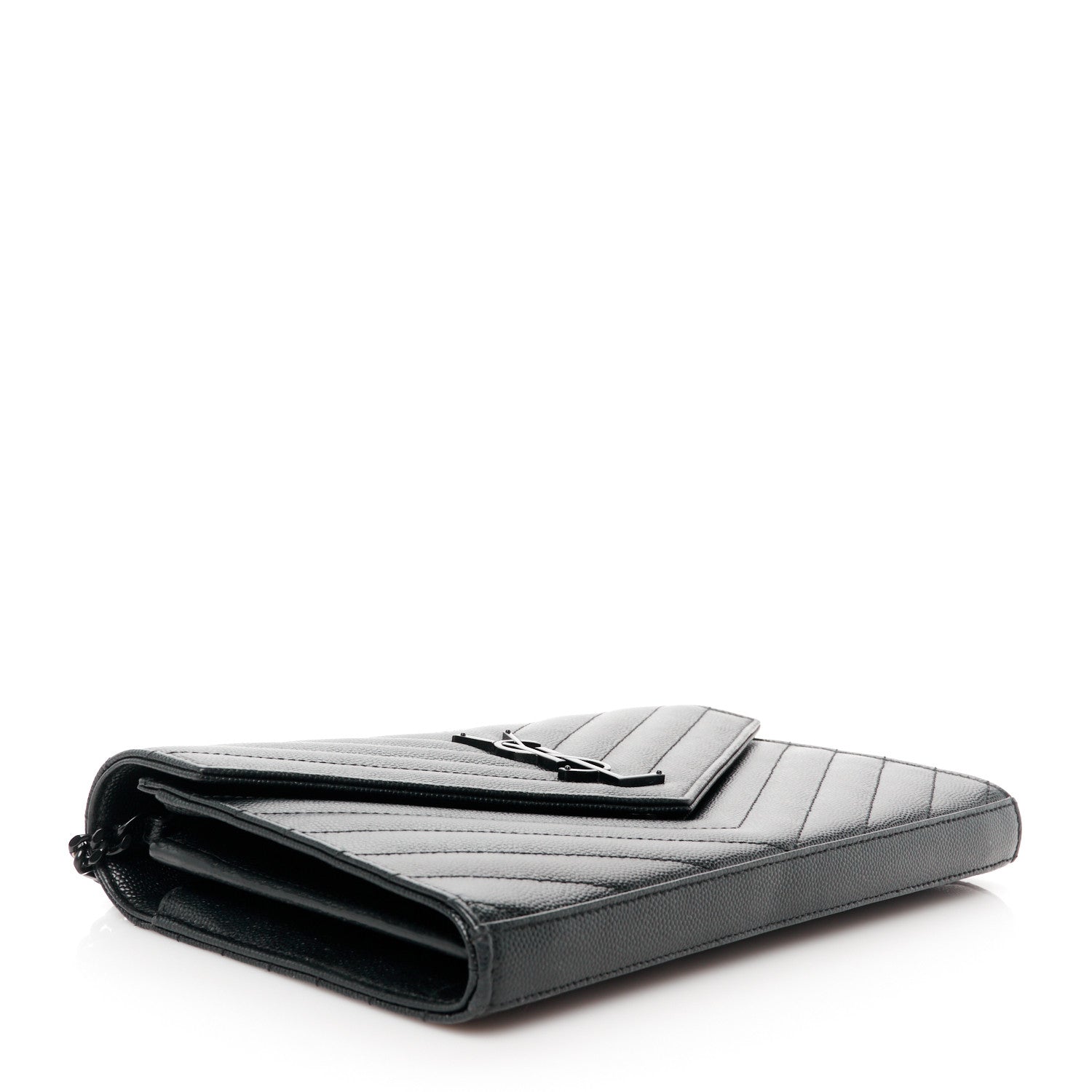 Saint Laurent Grain De Poudre Matelasse Chevron Monogram Monochrome Chain Wallet Black 4 of 10