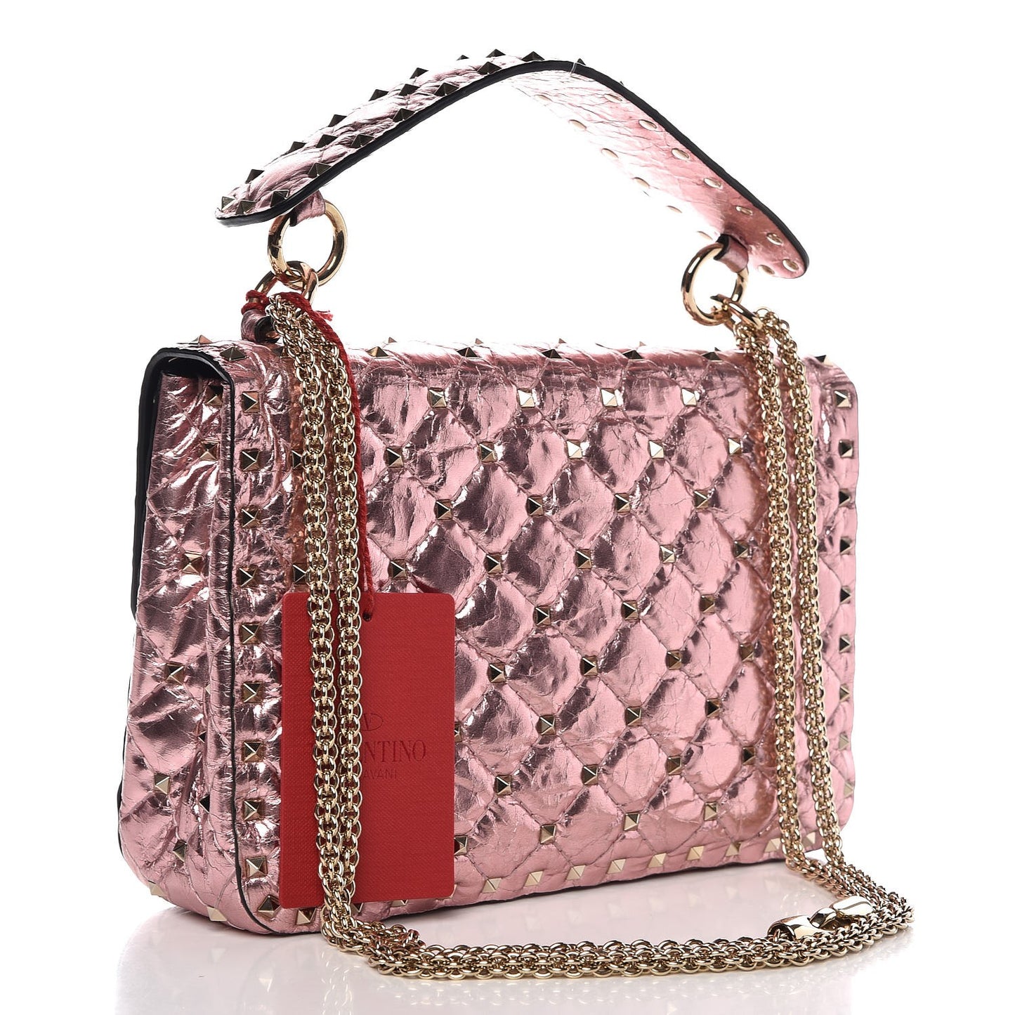 Metallic Wrinkled Lambskin Medium Rockstud Spike Shoulder Bag Lipstick