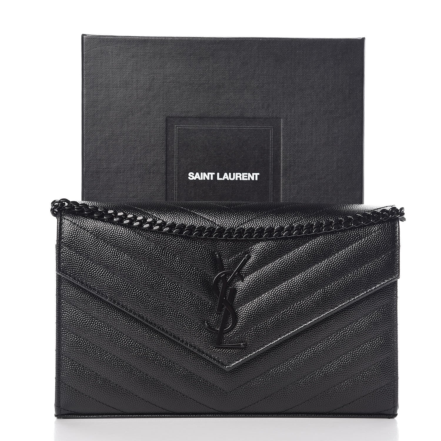 Saint Laurent Grain De Poudre Matelasse Chevron Monogram Chain Wallet Black 10 of 10