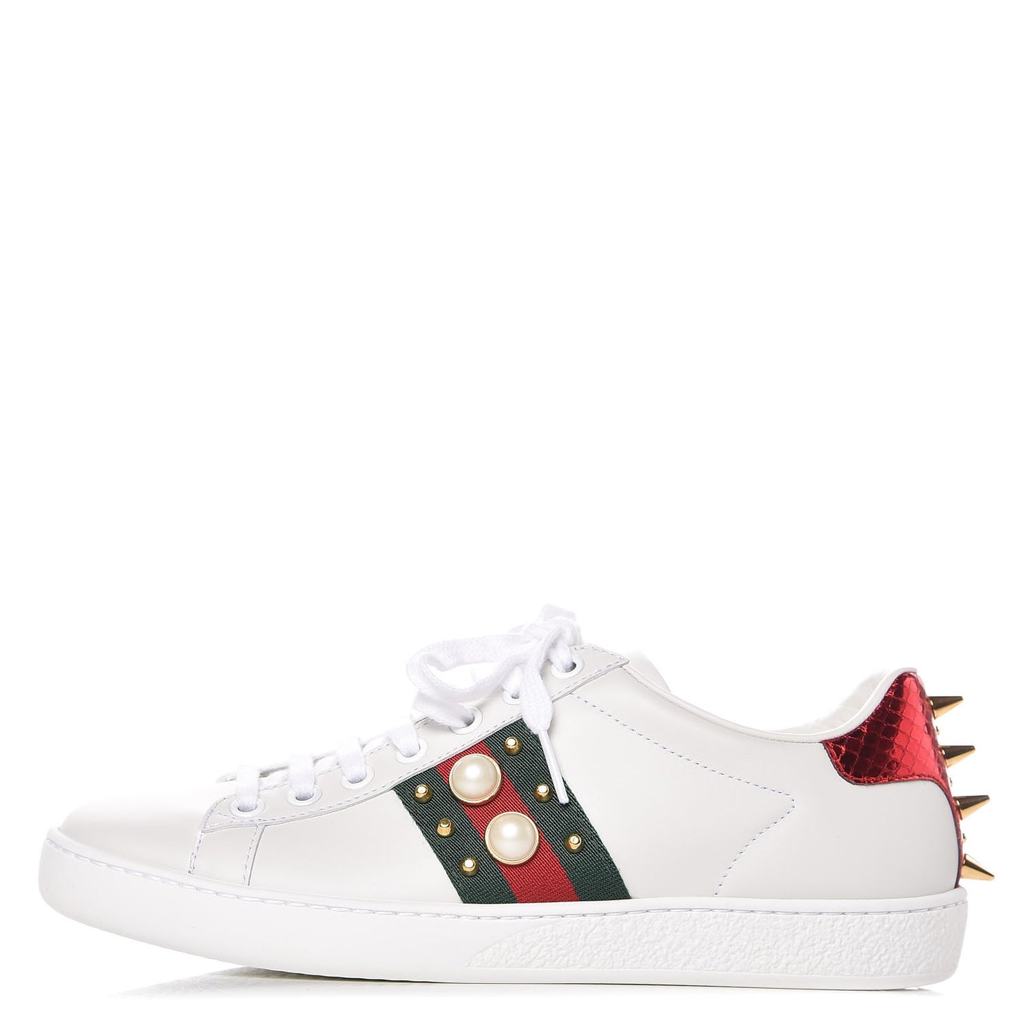 Calfskin Web Pearl Studded Ace Sneakers 36 White