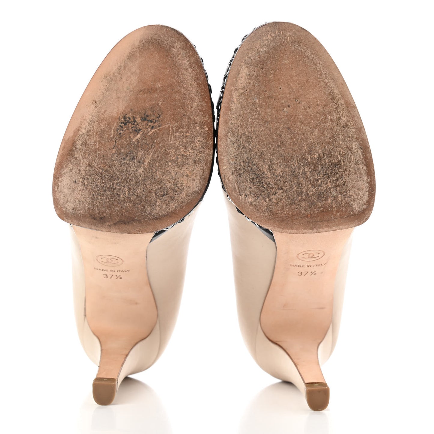 Calfskin CC Cap Toe Platform Chain Pumps 37.5 Beige Black