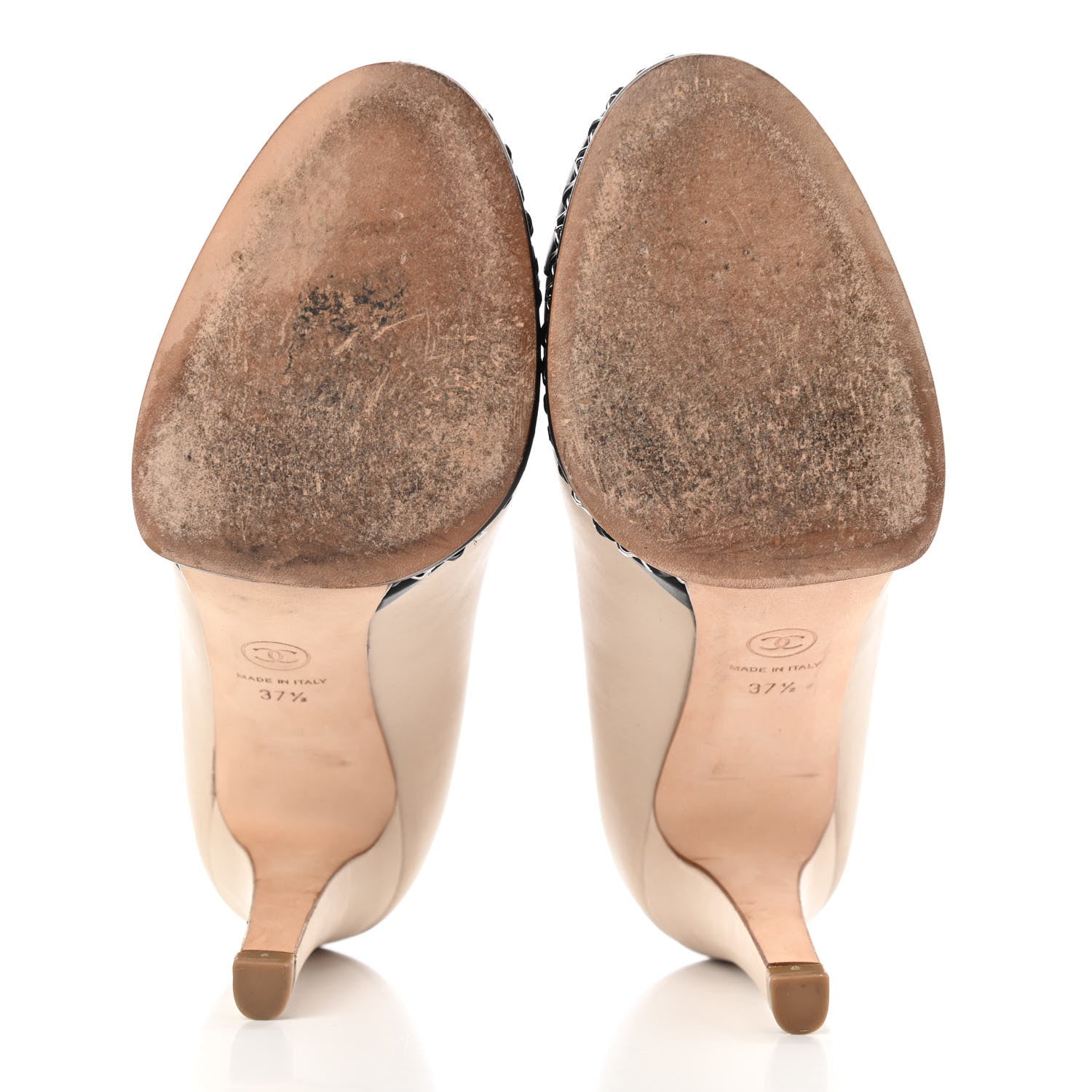 Chanel Calfskin CC Cap Toe Platform Chain Pumps 37.5 Beige Black 12 of 17
