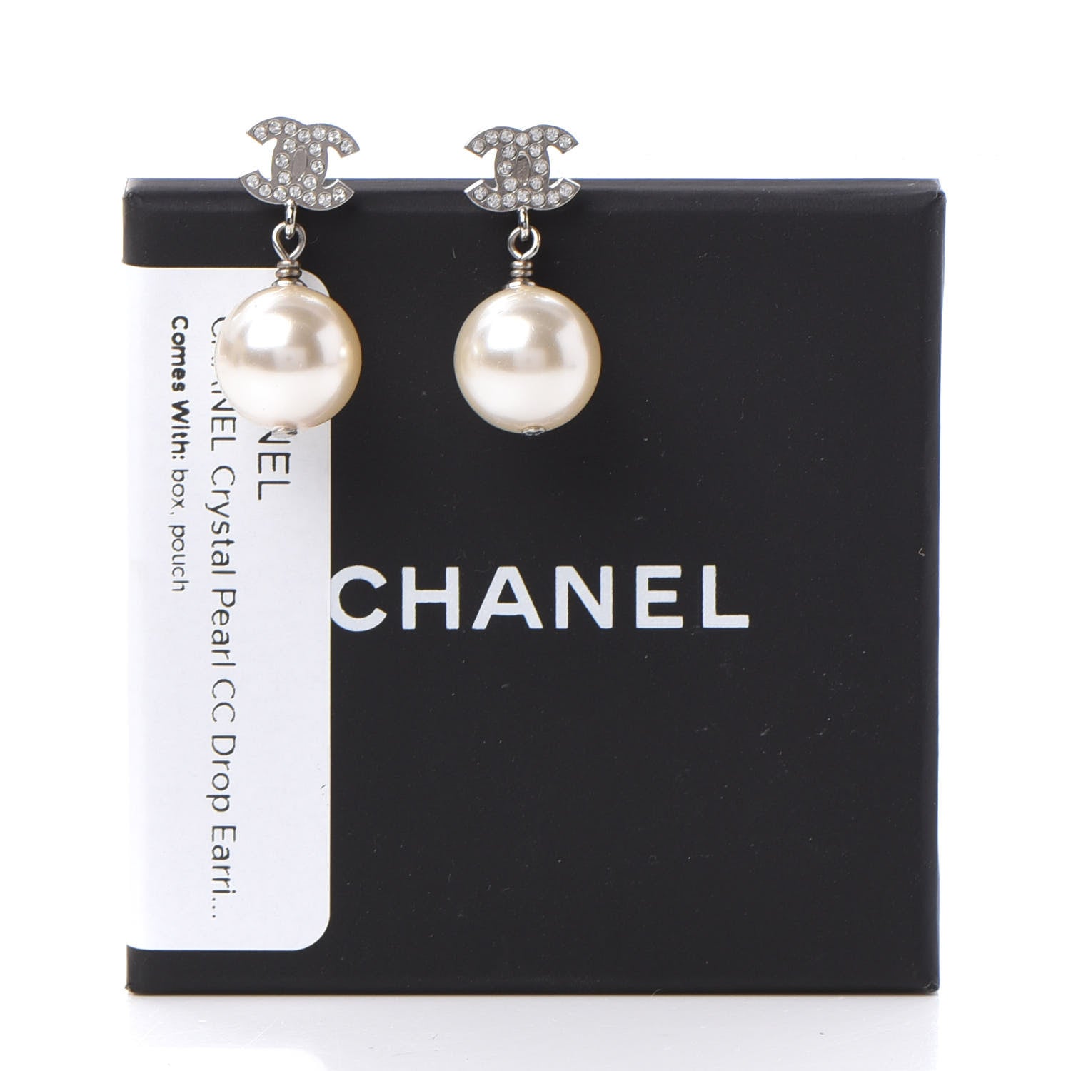 Chanel Crystal Pearl CC Drop Earrings Silver 5 of 5