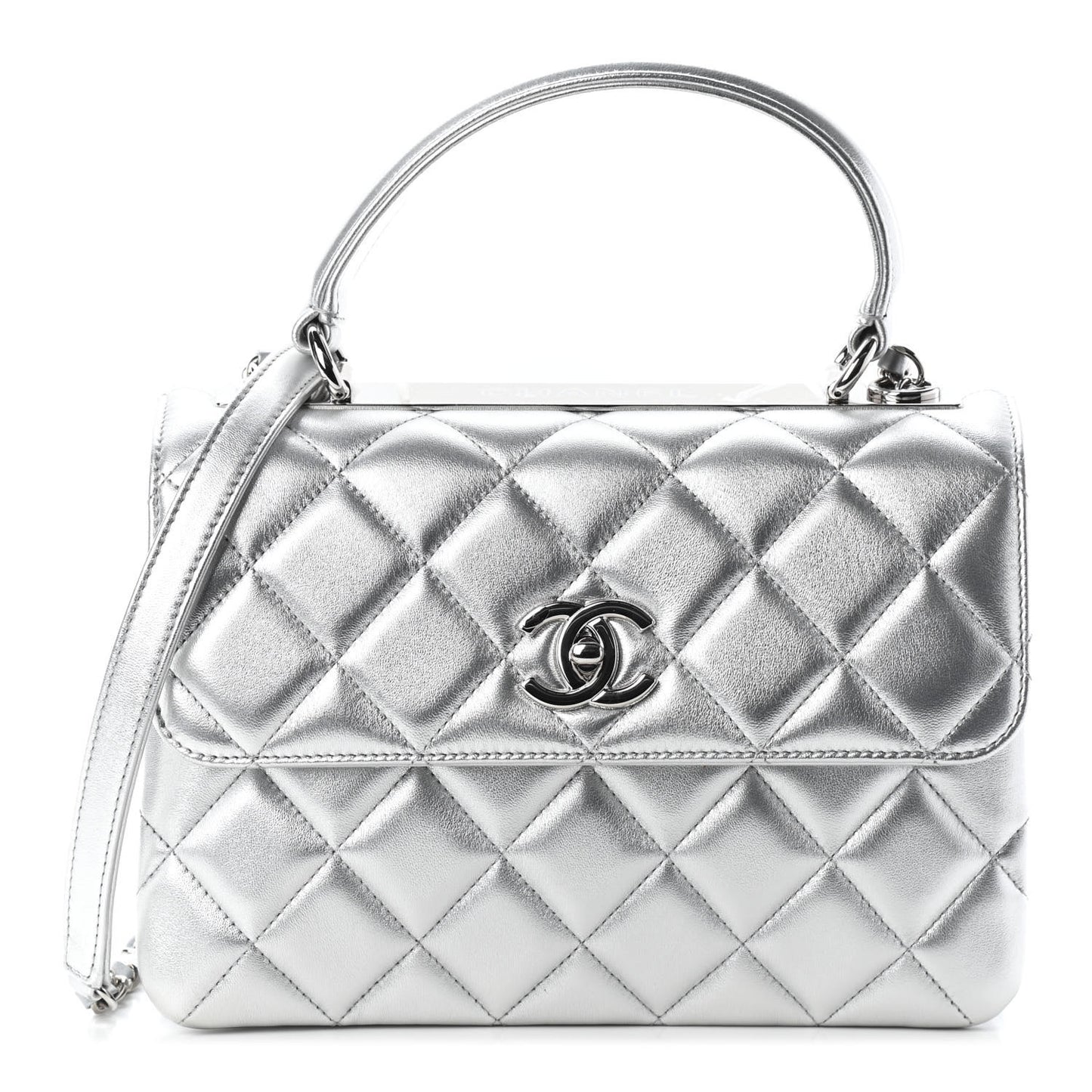 Metallic Lambskin Quilted Small Trendy CC Flap Dual Handle Bag Silver