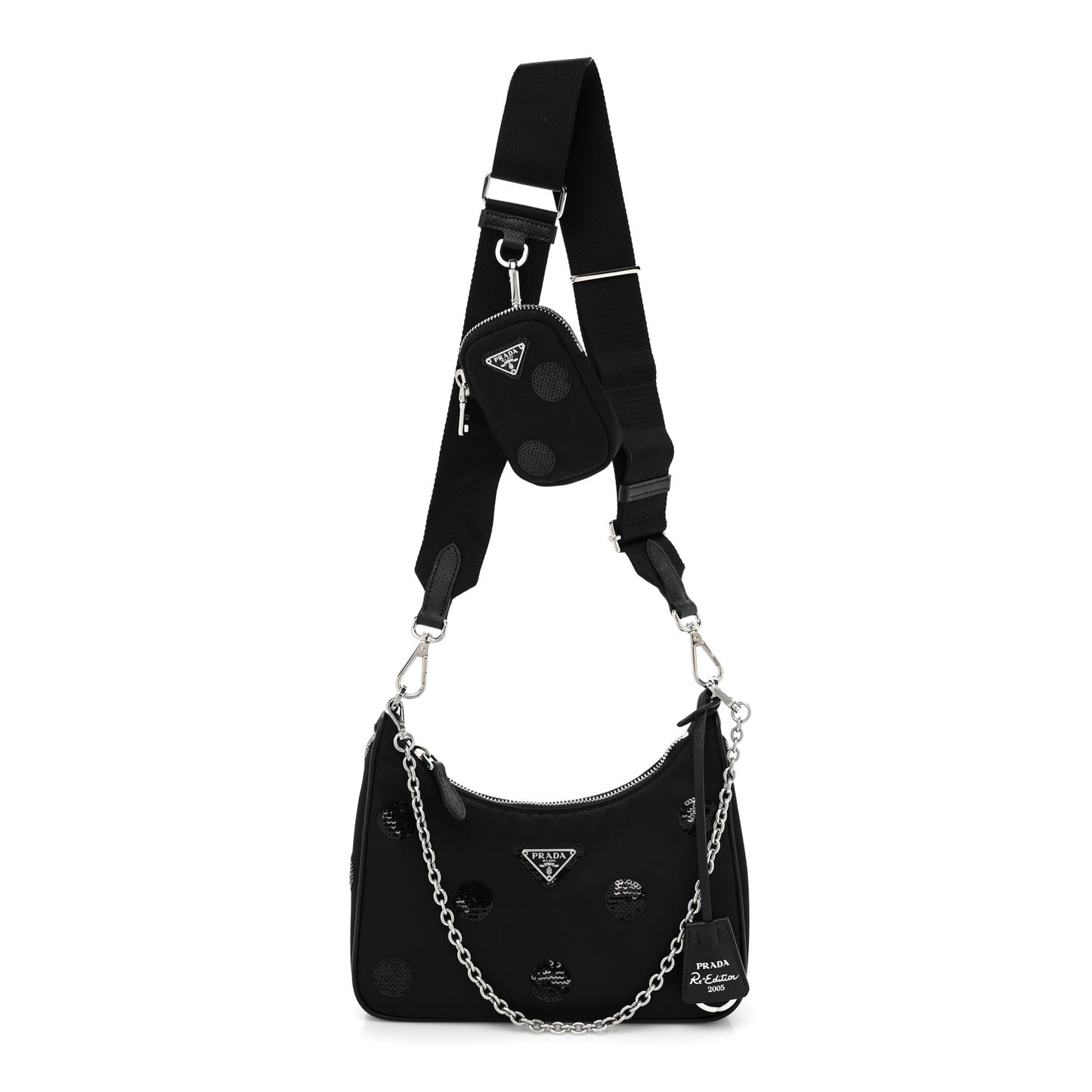 Nylon Sequin Embellished Polka Dot Re-Edition 2005 Shoulder Bag Black