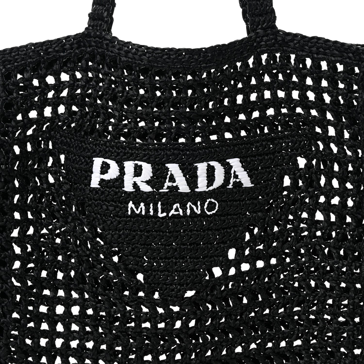 Prada Yarn Raffia Effect Crochet Logo Embroidered Tote Bag Black 10 of 12