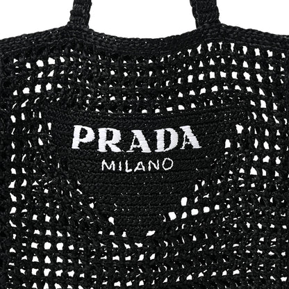 Prada Yarn Raffia Effect Crochet Logo Embroidered Tote Bag Black 10 of 12
