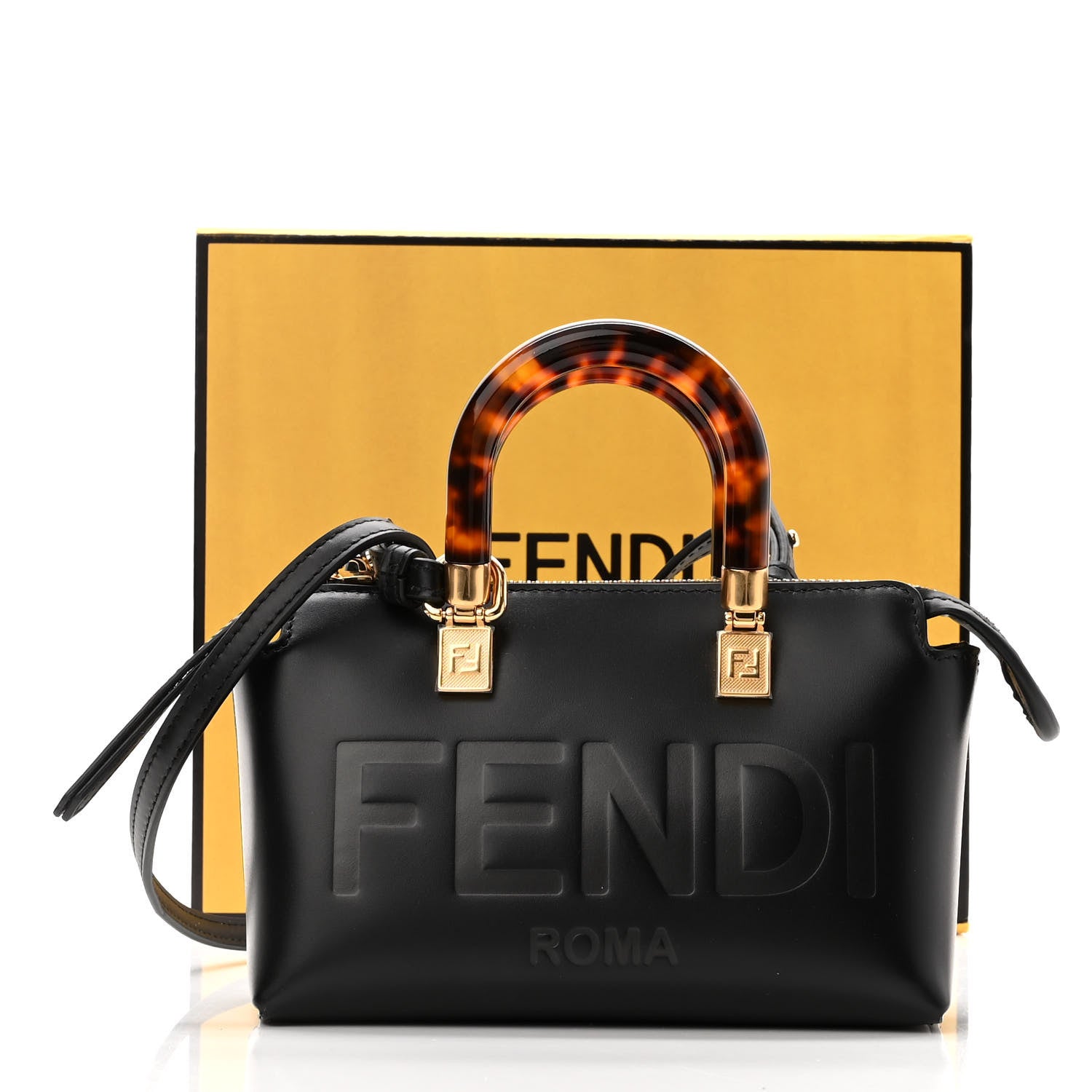 Fendi Vitello King Plexiglass Logo Embossed Mini By The Way Top Handle Boston Bag Black 11 of 11