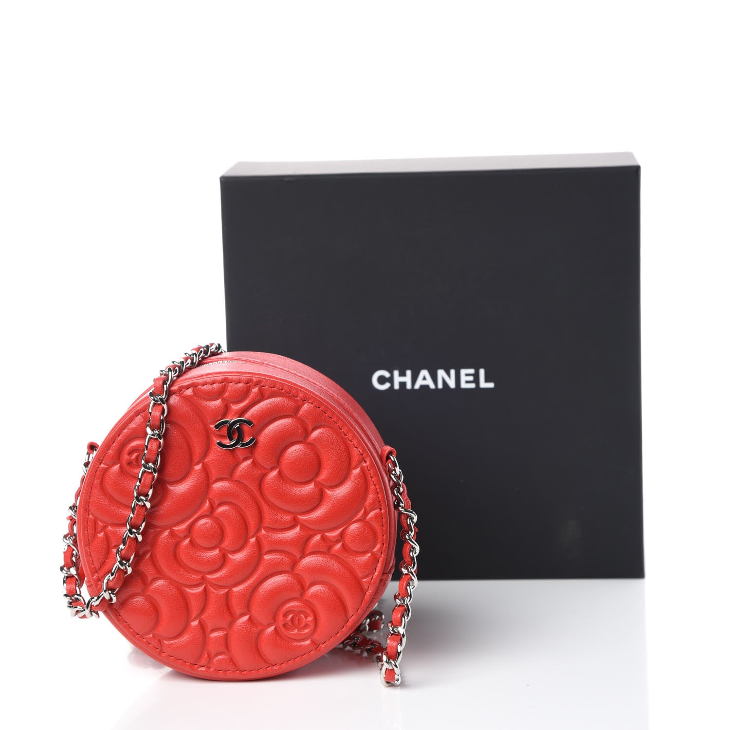 Chanel Lambskin Camellia Quilted Round Clutch With Chain Red 10 of 10