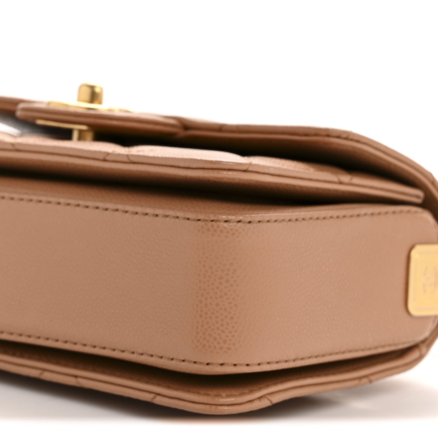 Shiny Caviar Quilted Mini Top Handle Flap Bag Camel