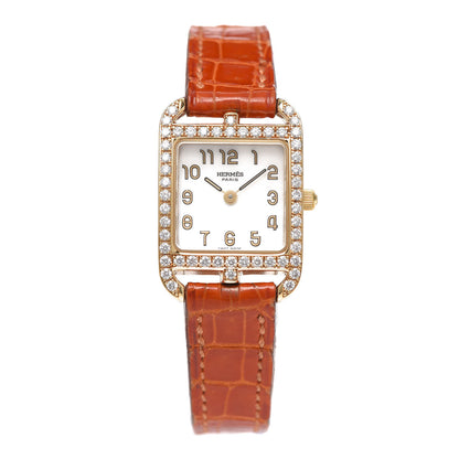 Hermes 18K Yellow Gold Alligator Diamond Bezel Mother of Pearl 19mm Cape Cod Quartz Watch Orange 1 of 5