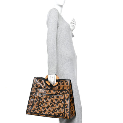 Fendi Vitello Century Wicker FF Embossed Large Runaway Shopper Tote Tobacco Black 2 of 10
