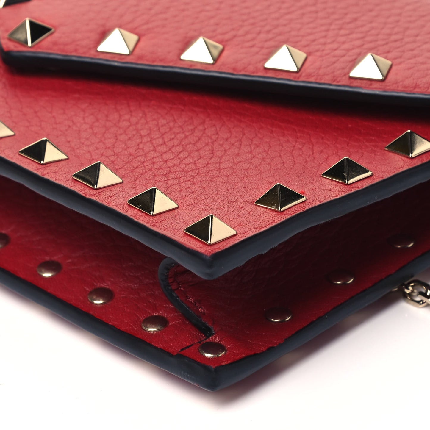 Pebbled Calfskin Rockstud Envelope Wallet on Chain Rubino