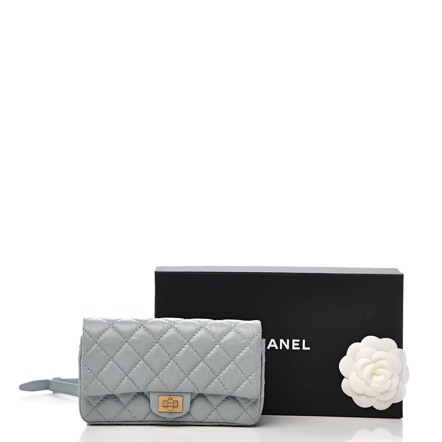 Chanel Aged Calfskin Quilted 2.55 Reissue Chain Waist Bag Light Blue 14 of 14