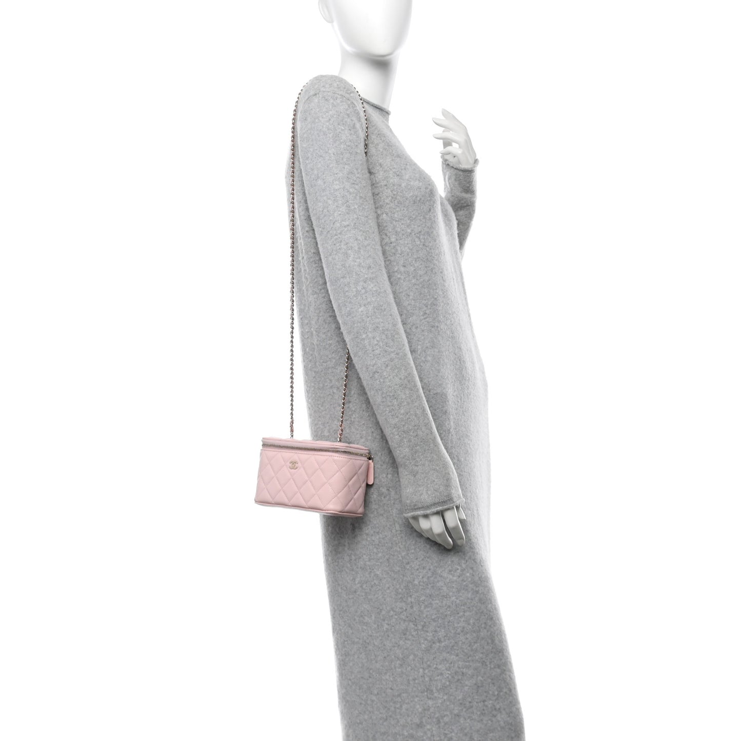 Caviar Quilted Small Vanity Case With Chain Light Pink