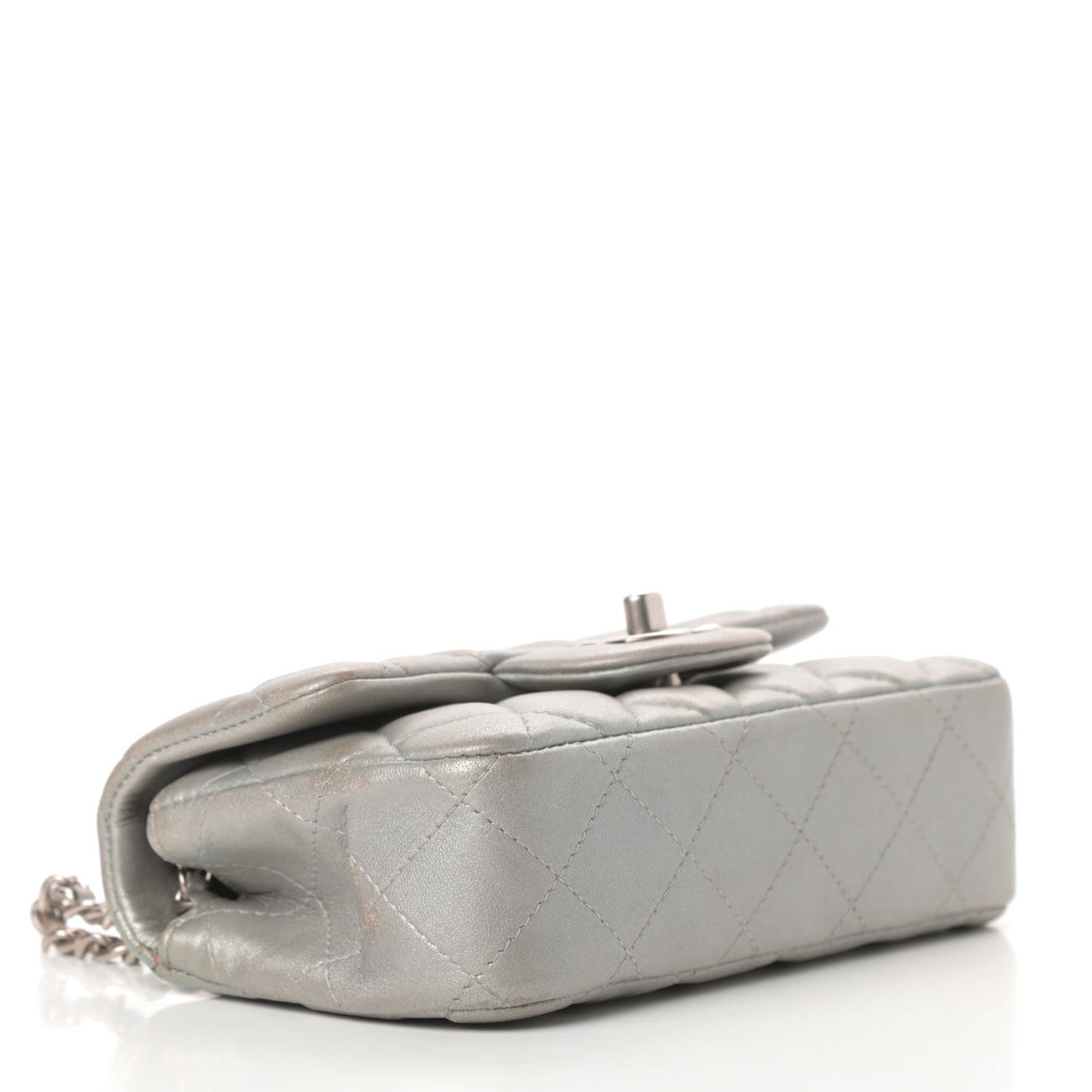 Metallic Lambskin Quilted Extra Mini Rectangular Flap Silver