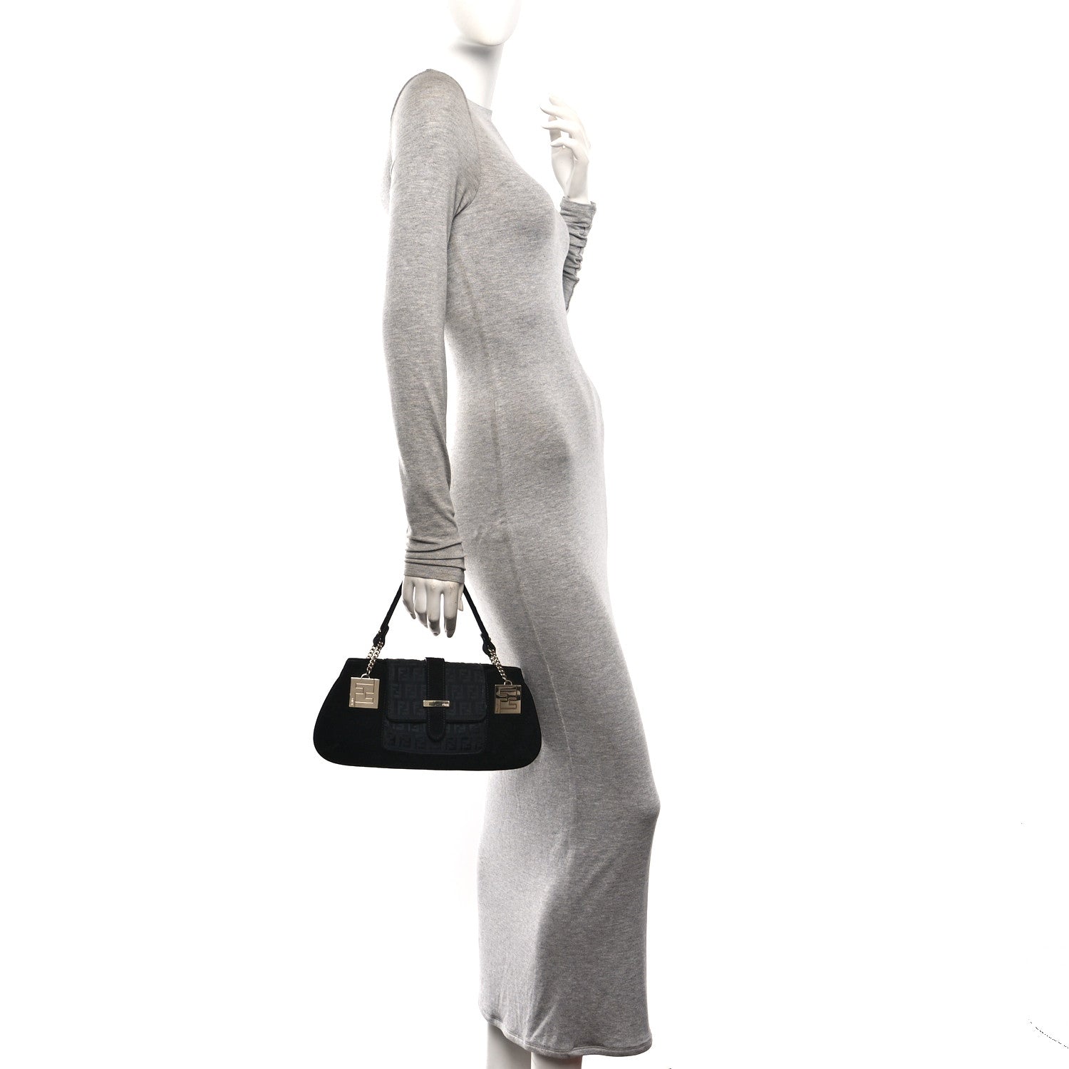 Fendi Suede Zucchino FF Shoulder Bag Black 2 of 10