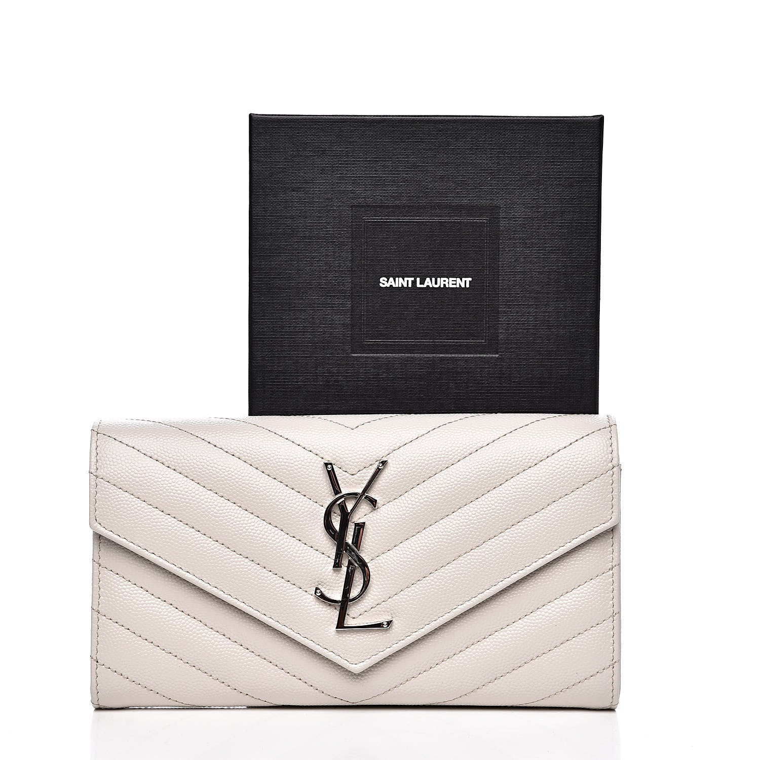 Saint Laurent Grain De Poudre Matelasse Chevron Monogram Flap Wallet Icy White 10 of 10
