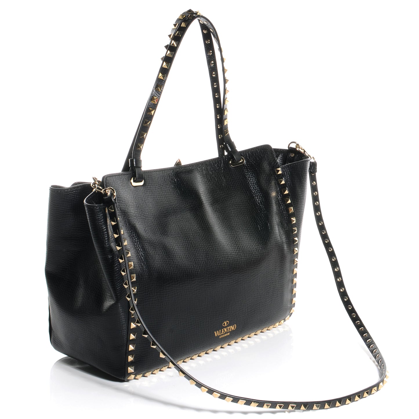 Textured Calfskin Medium Rockstud Tote Black