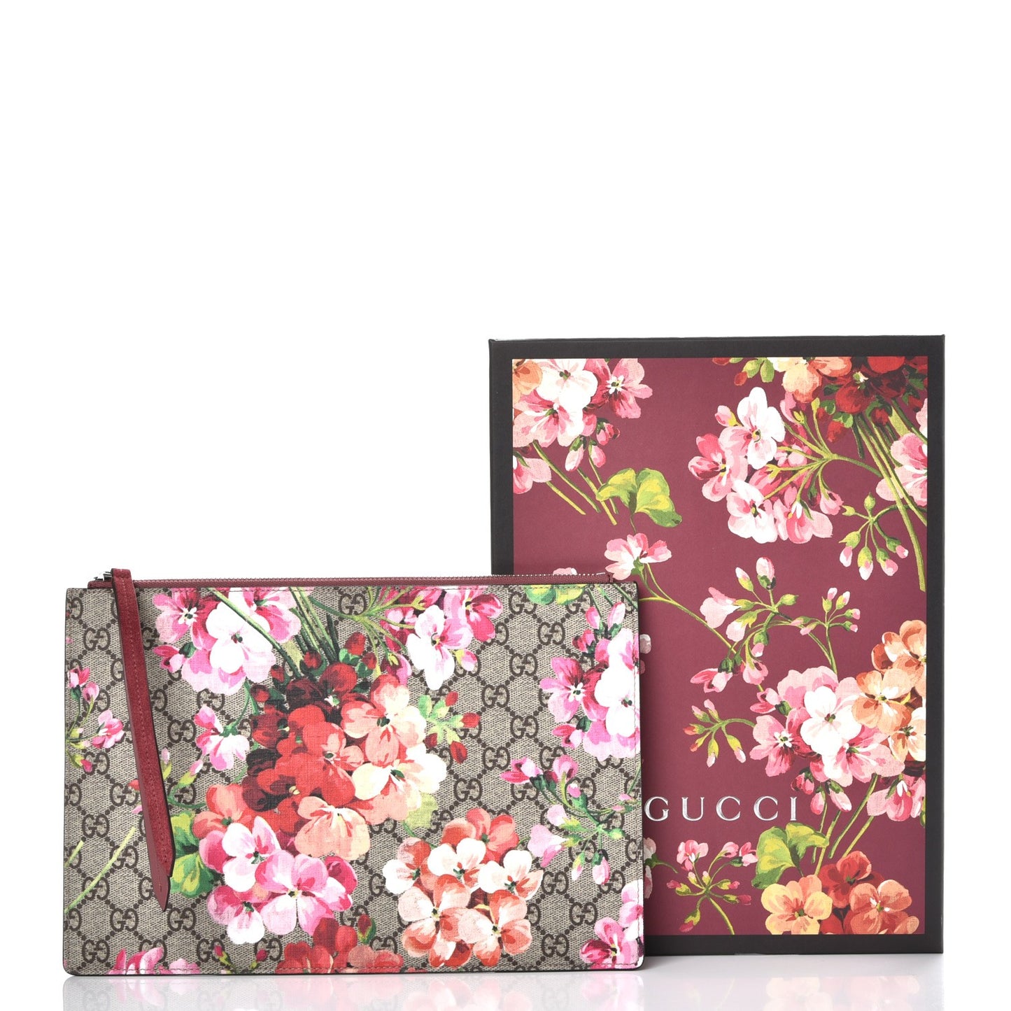 GG Supreme Monogram Blooms Suede Large Zip Pouch Beige Multicolor Dry Rose