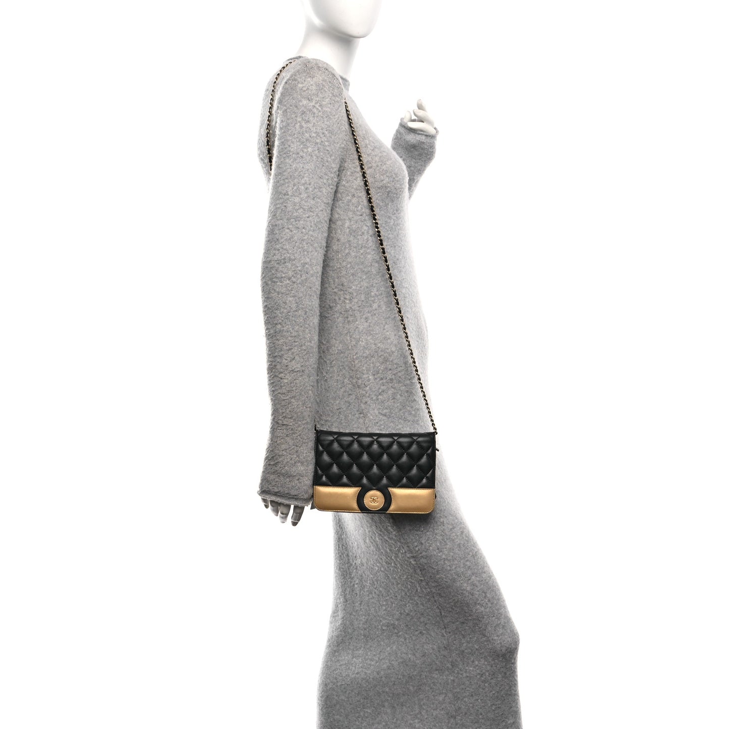 Lambskin Quilted Wallet On Chain WOC Black Gold