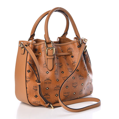 MCM Visetos Studded Small Drawstring Shopper Cognac 4 of 16