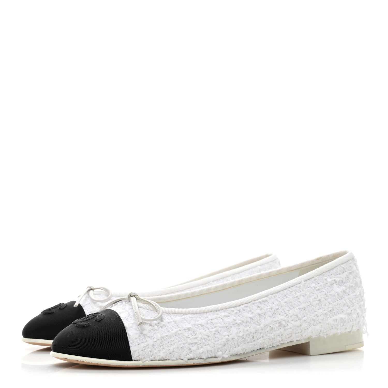 Chanel Cotton Tweed Grosgrain Cap Toe Ballerina Flats 37.5 White Black 3 of 13