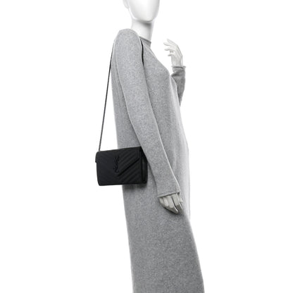 Saint Laurent Grain De Poudre Matelasse Chevron Monogram Monochrome Chain Wallet Black 2 of 11