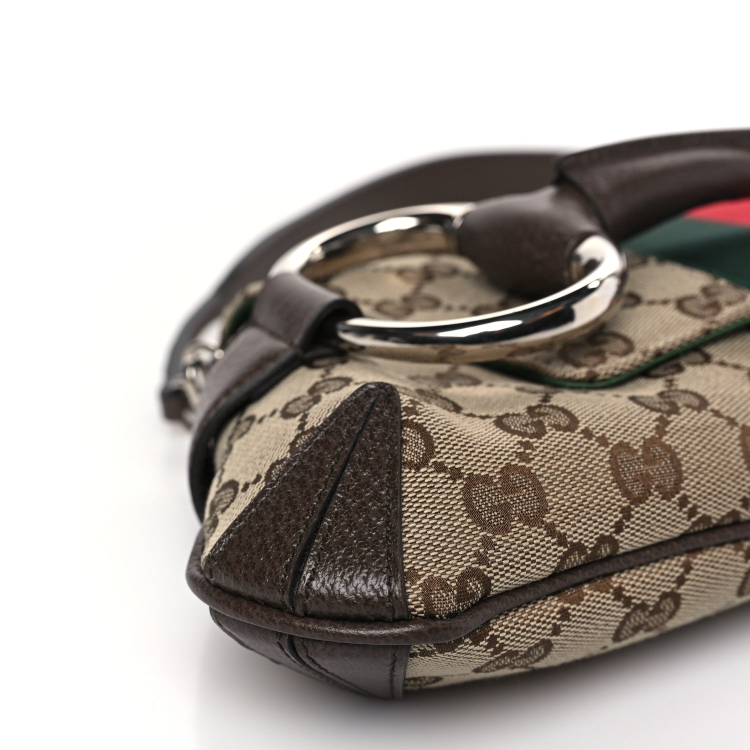 Gucci Monogram Textured Dollar Calfskin Heavy Grosgrain Web Medium Maxi Horsebit Chain Shoulder Bag Beige Ebony New Acero 7 of 8