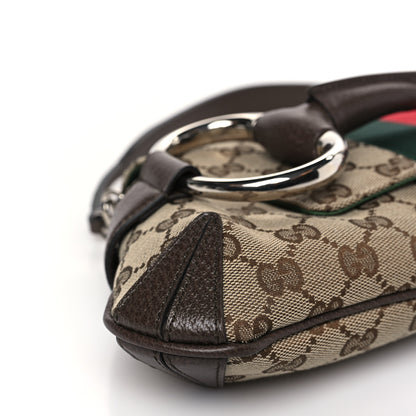 Gucci Monogram Textured Dollar Calfskin Heavy Grosgrain Web Medium Maxi Horsebit Chain Shoulder Bag Beige Ebony New Acero 7 of 8