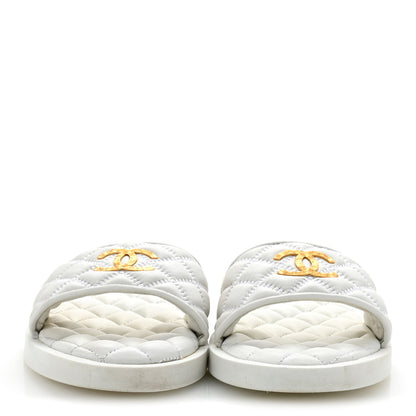 Chanel Lambskin Quilted Textured CC Mules Sandals 40.5 White 3 of 10