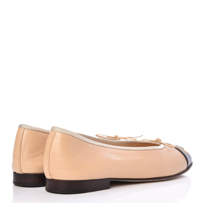 Chanel Lambskin Cap Toe CC Ballerina Flats 36.5 Beige Black 3 of 13