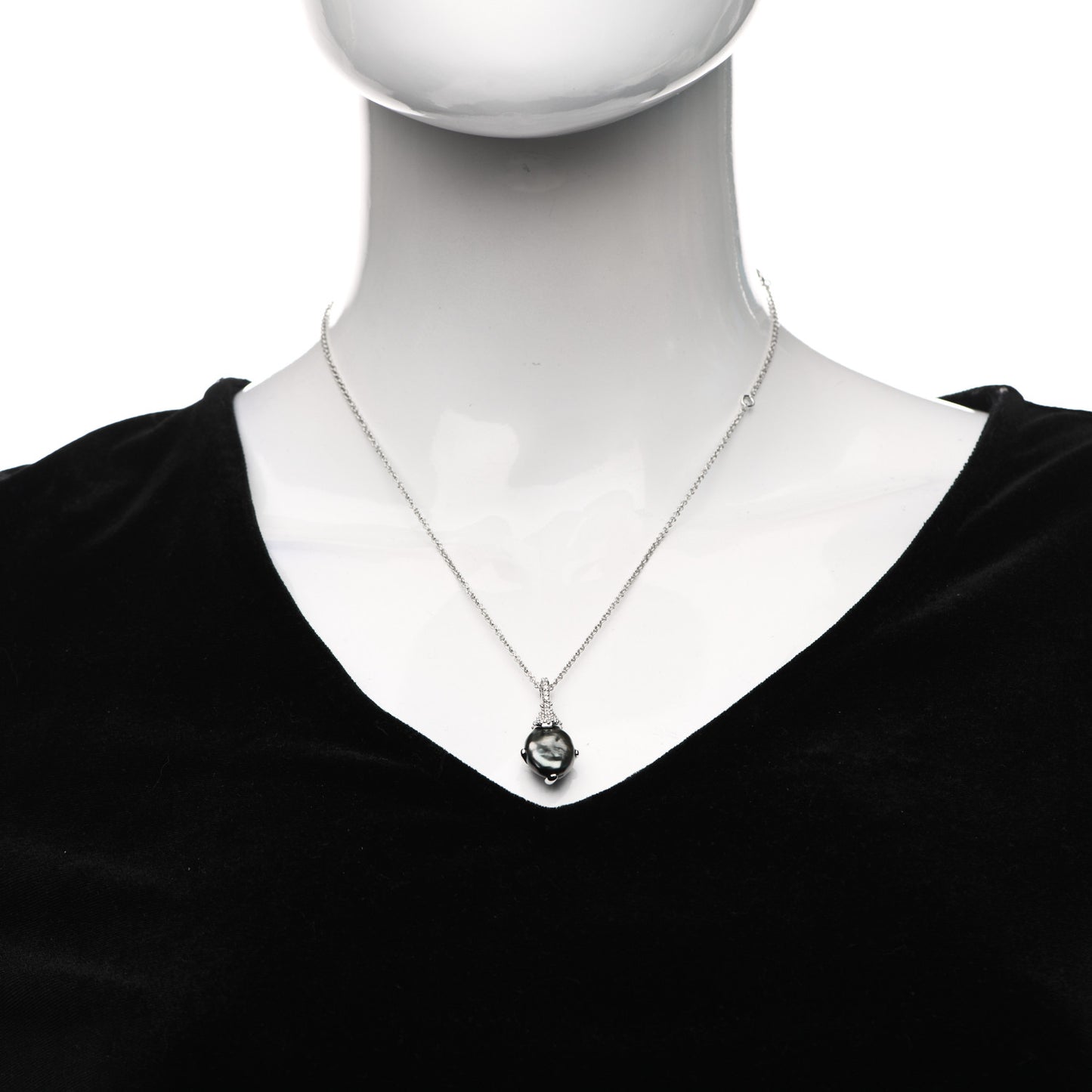 18K White Gold Diamond Black South Sea Cultured Pearl 12mm Pendant Necklace