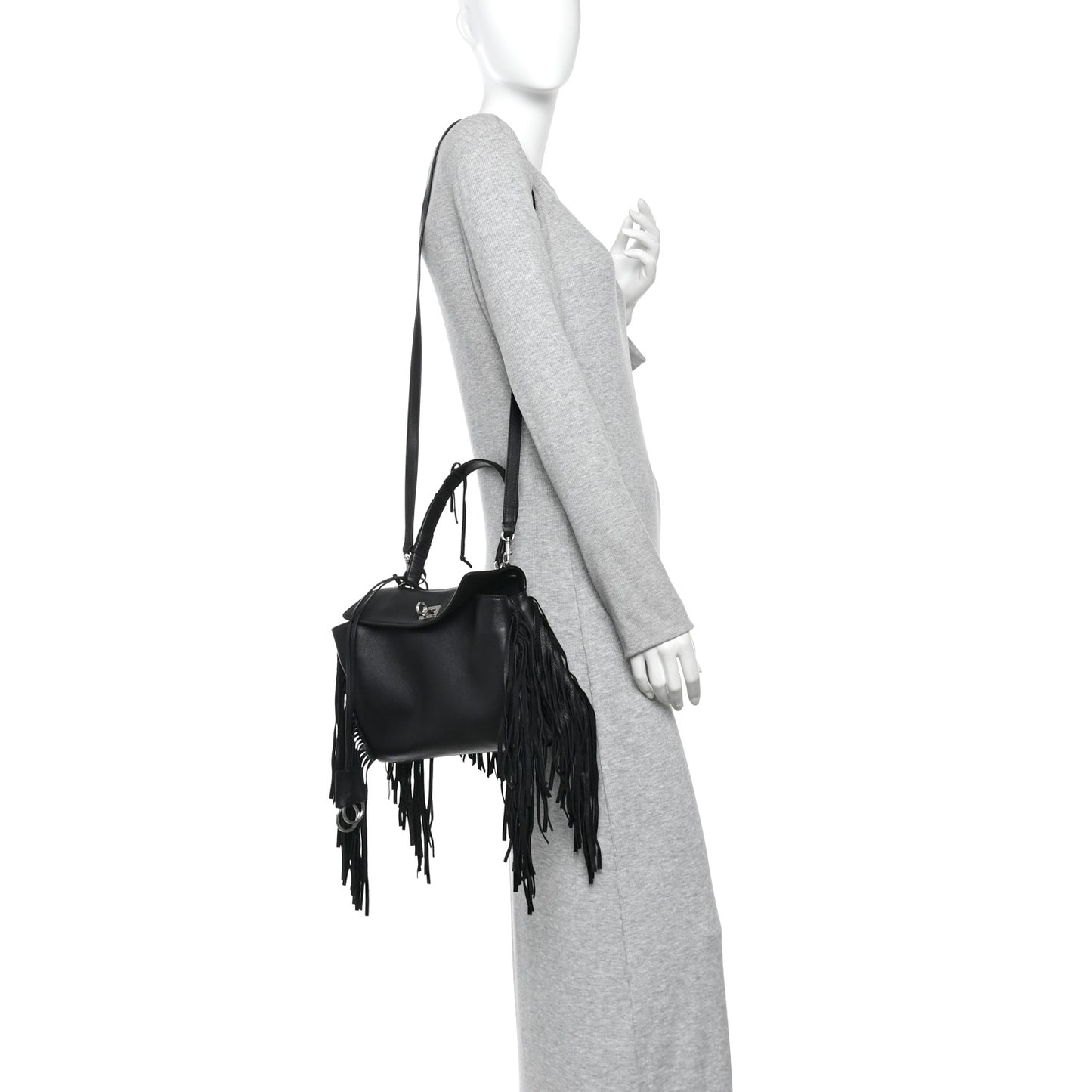 Natural Smooth Madeline Calfskin Fringes Small Rodeo Top Handle Handbag Black