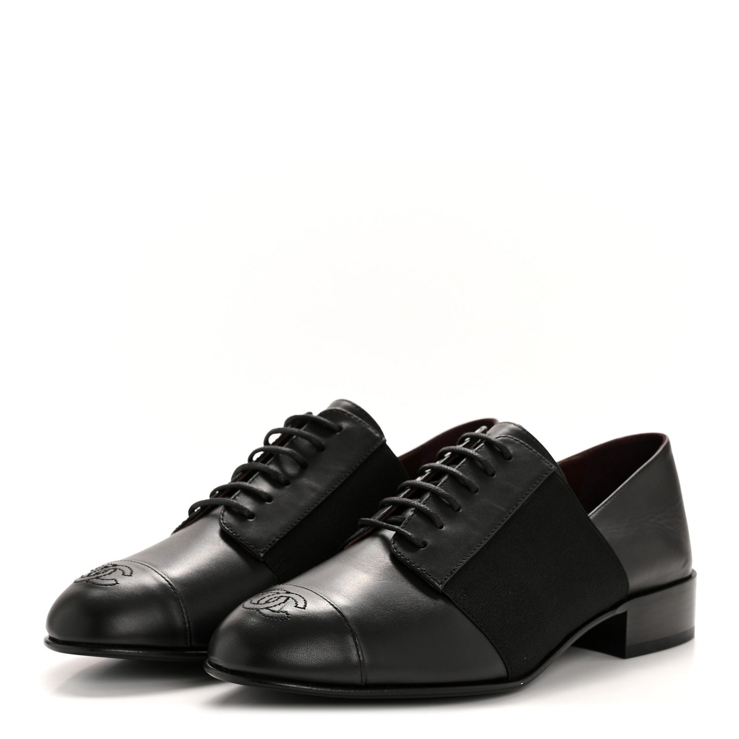 Calfskin Elastic Lace Up Cap Toe CC Loafers 37 Black