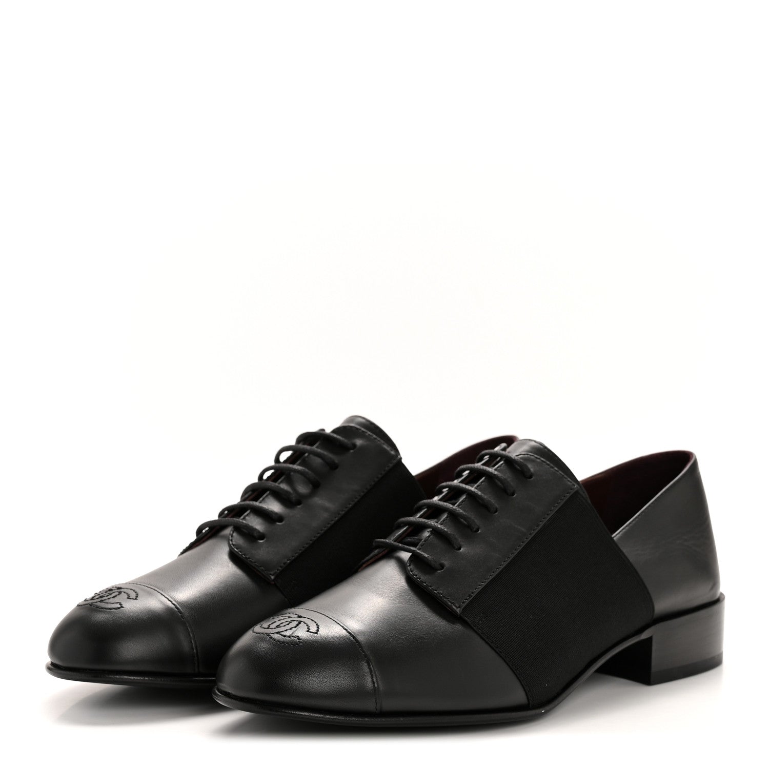 Chanel Calfskin Elastic Lace Up Cap Toe CC Loafers 37 Black 4 of 10