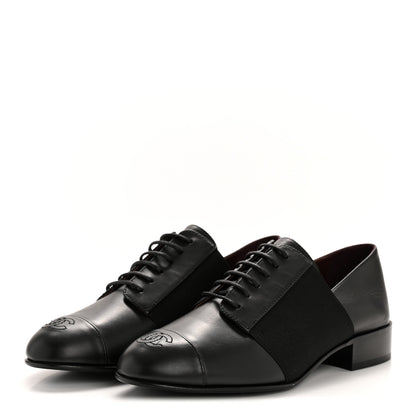 Chanel Calfskin Elastic Lace Up Cap Toe CC Loafers 37 Black 4 of 10