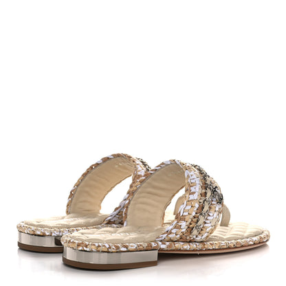 Chanel Raffia Lambskin Woven Chain CC Toe Ring Sandals 38 Beige White 4 of 10