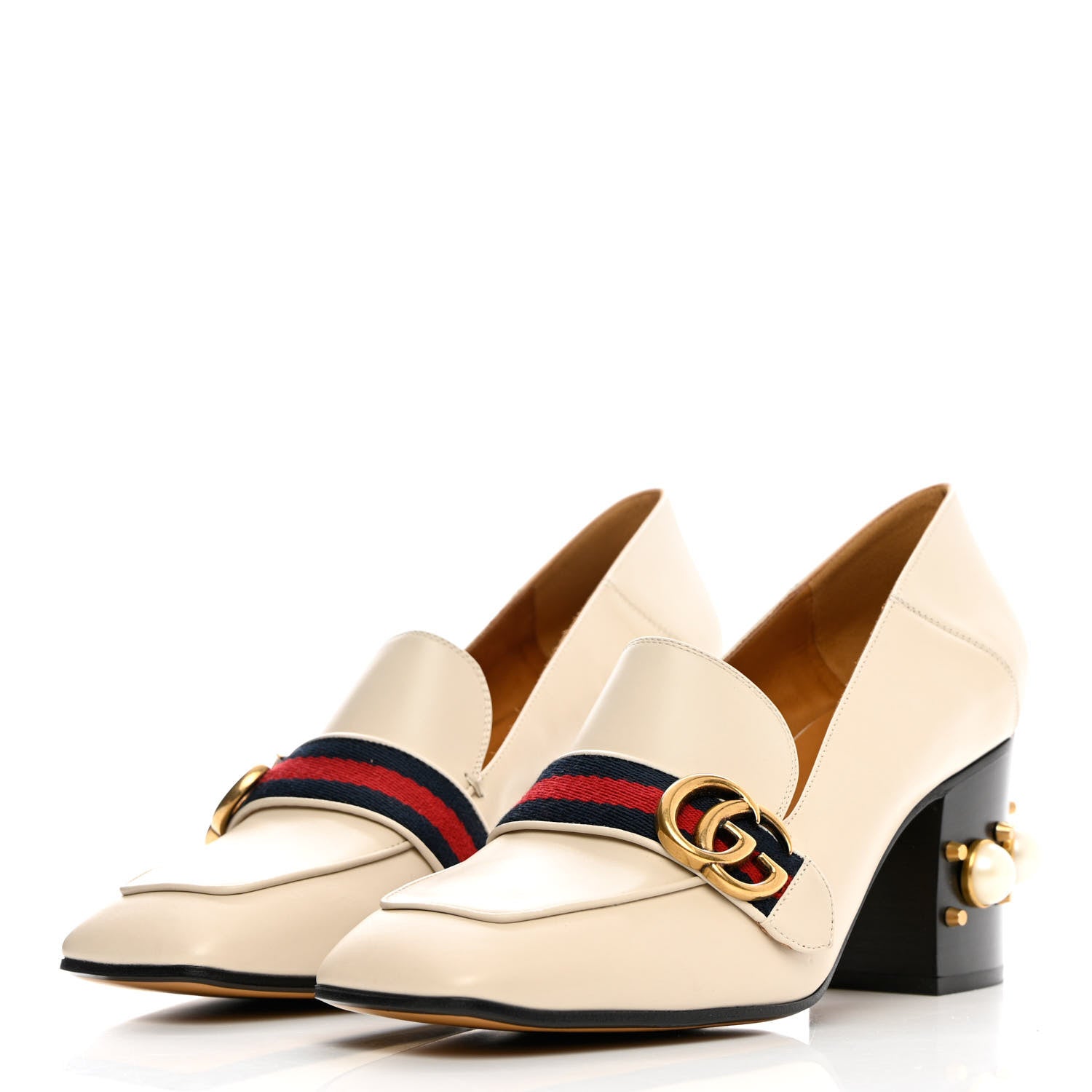 Gucci Betis Glamour Calfskin Web Pearl Embellished Peyton 75mm Loafer Pumps 40.5 Mystic White 3 of 15