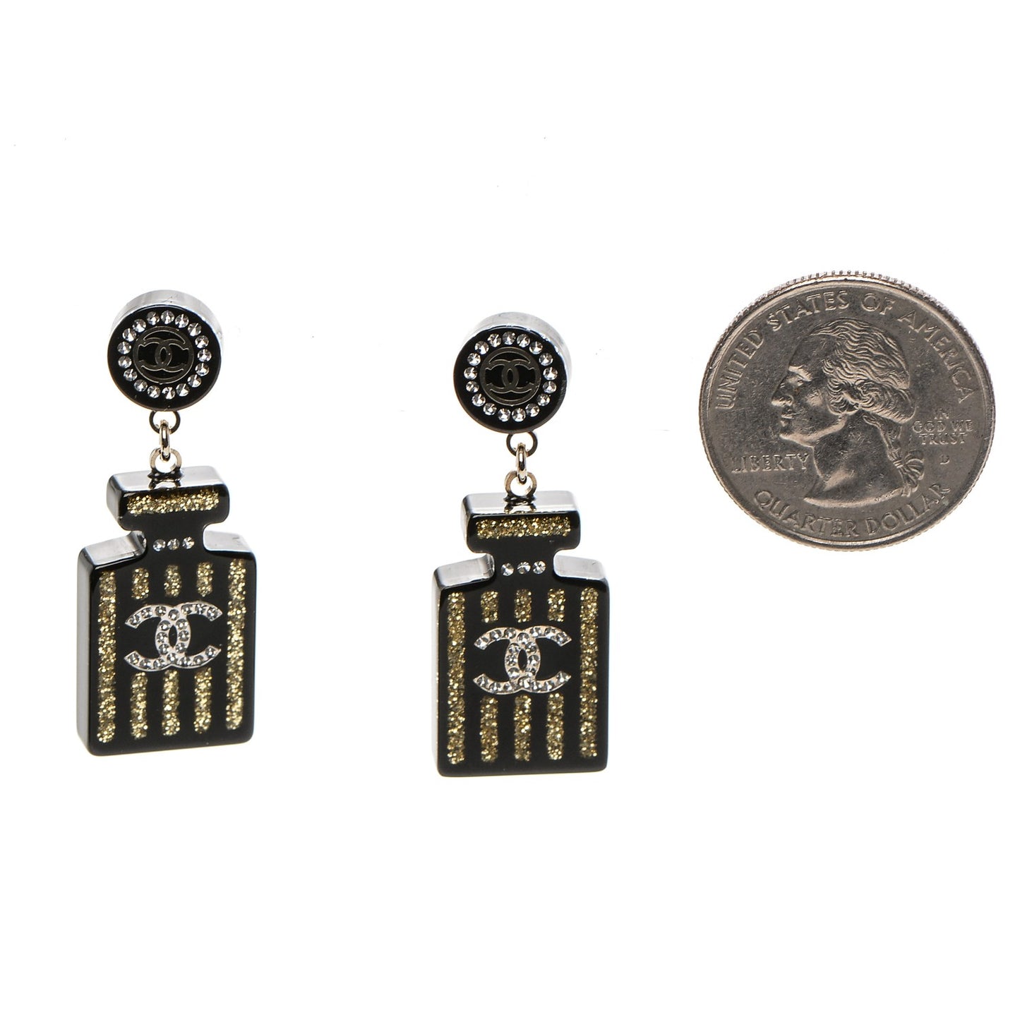 Resin Strass Perfume Bottle CC Earrings Black Gold