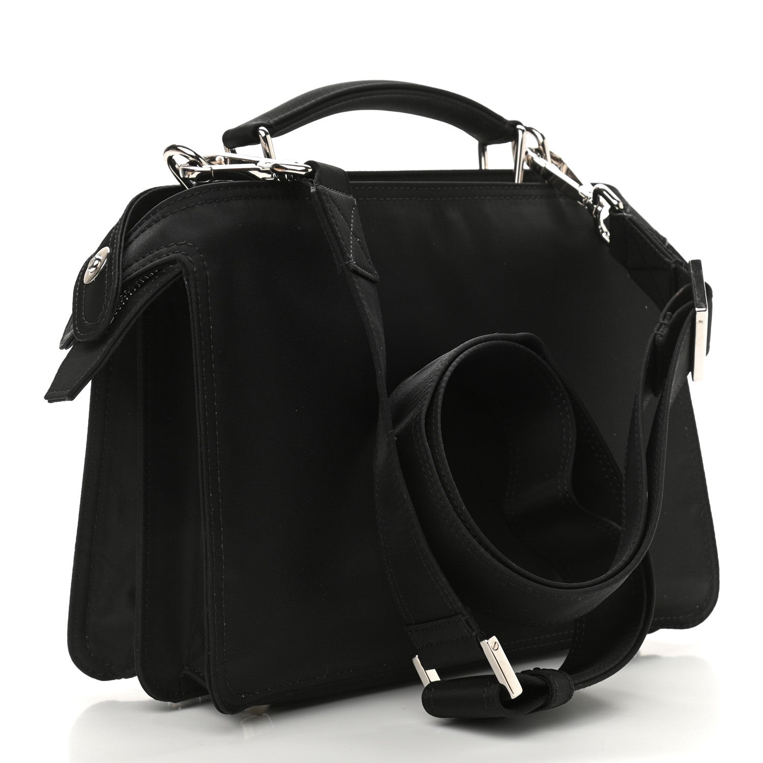 Fendi Nylon Vitello Cover Logo Embossed Mini Peekaboo I SEE U Satchel Black White 3 of 12