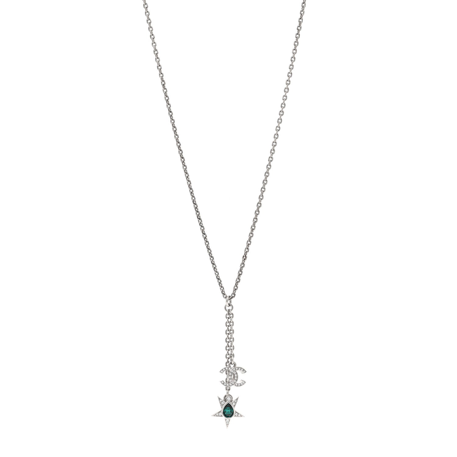 Chanel Pearl Crystal CC Star Drop Necklace Silver Green Pearly White Silver Green 1 of 6