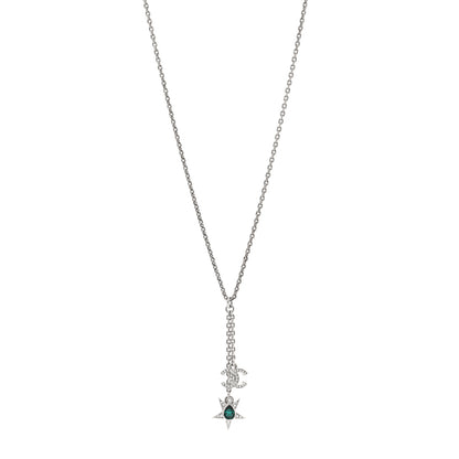 Chanel Pearl Crystal CC Star Drop Necklace Silver Green Pearly White Silver Green 1 of 6
