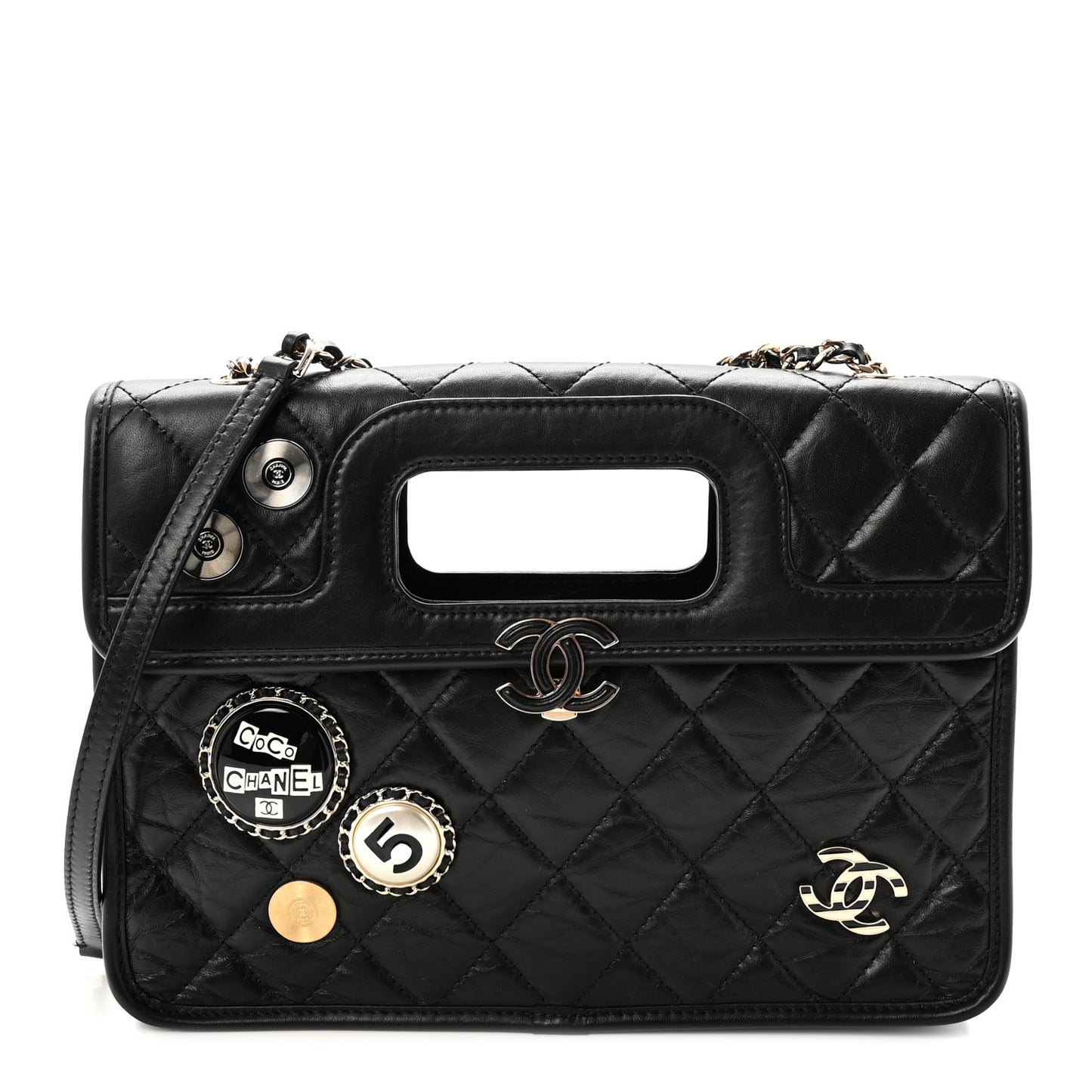 Aged Calfskin Charms Flap Bag Black