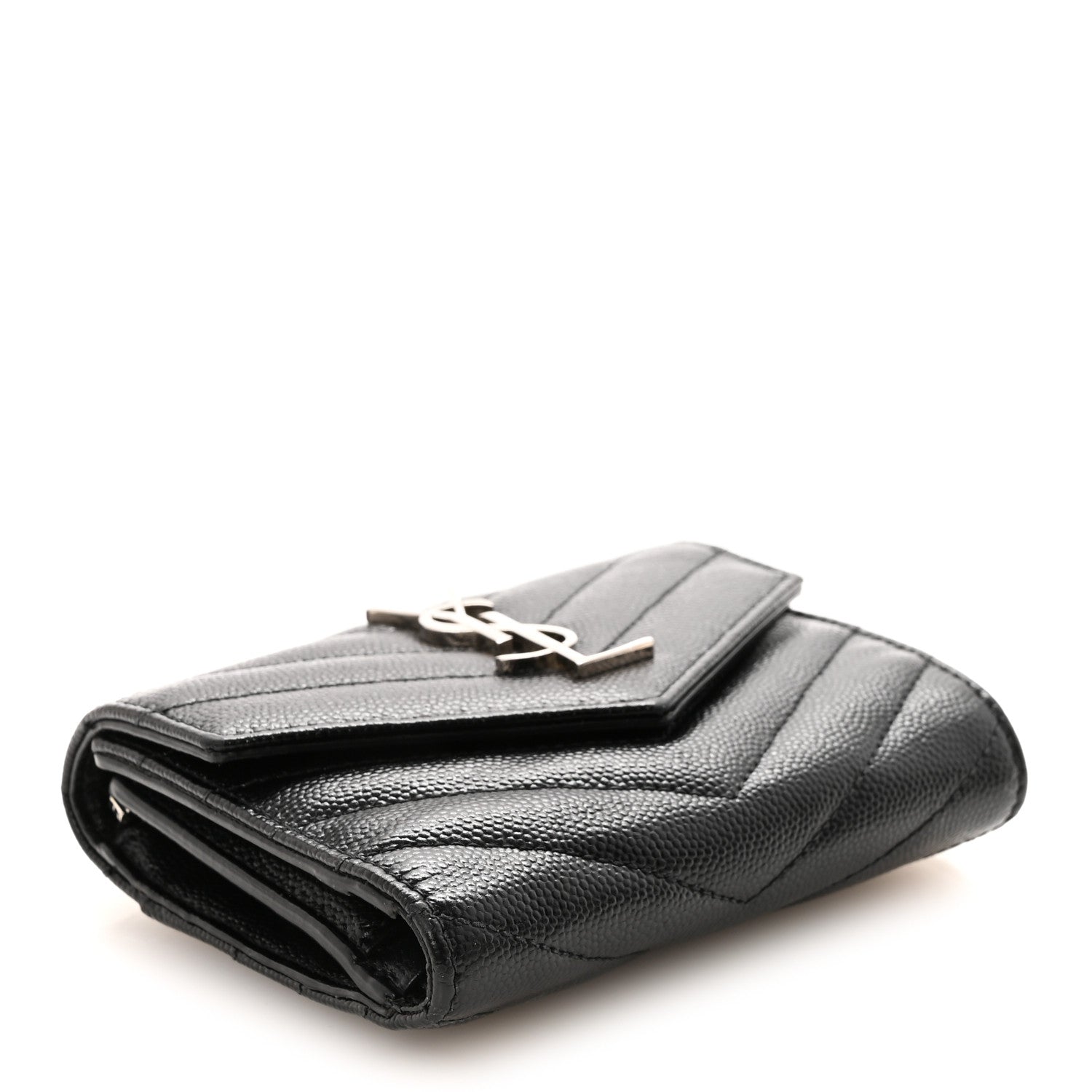 Saint Laurent Grain De Poudre Matelasse Chevron Monogram Compact Tri Fold Wallet Black 4 of 6