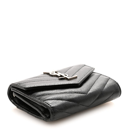 Saint Laurent Grain De Poudre Matelasse Chevron Monogram Compact Tri Fold Wallet Black 4 of 6