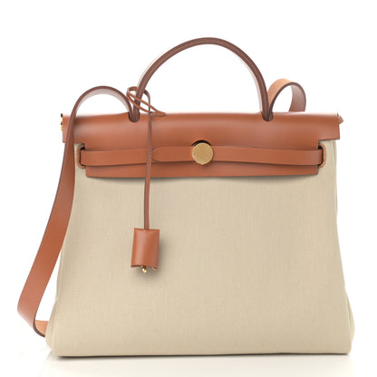 Hermes Military Toile Vache Hunter Toile Herbag Zip Retourne 31 PM Beton Fauve 3 of 12