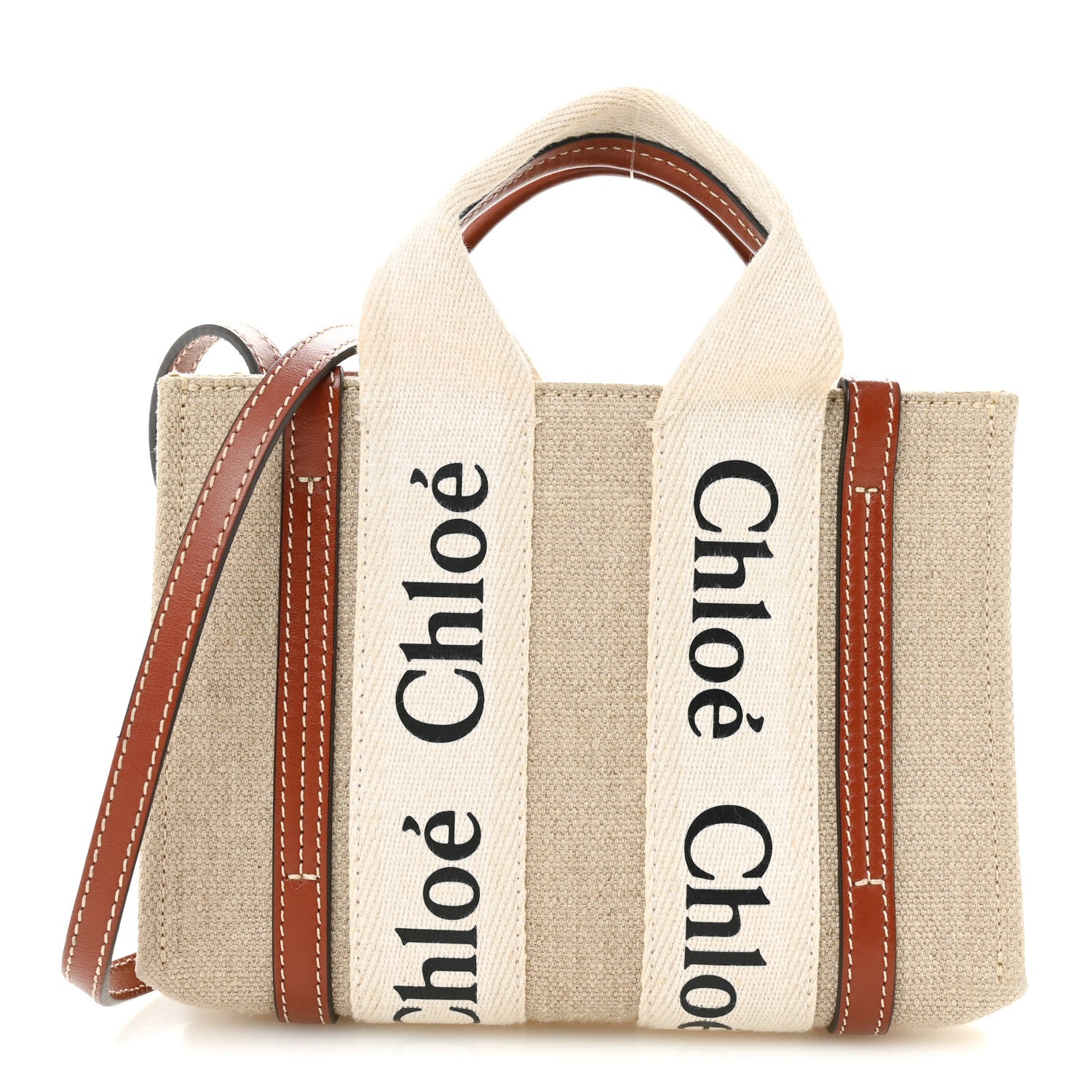 Chloe Linen Calfskin Mini Woody Ribbon Tote White Brown 1 of 13